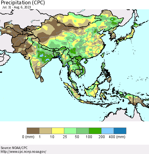 Asia Precipitation (CPC) Thematic Map For 7/31/2023 - 8/6/2023
