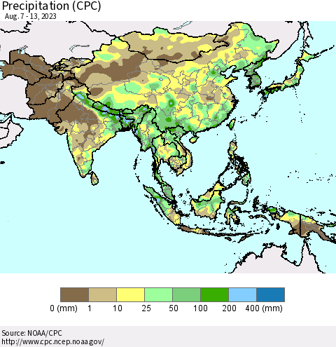Asia Precipitation (CPC) Thematic Map For 8/7/2023 - 8/13/2023