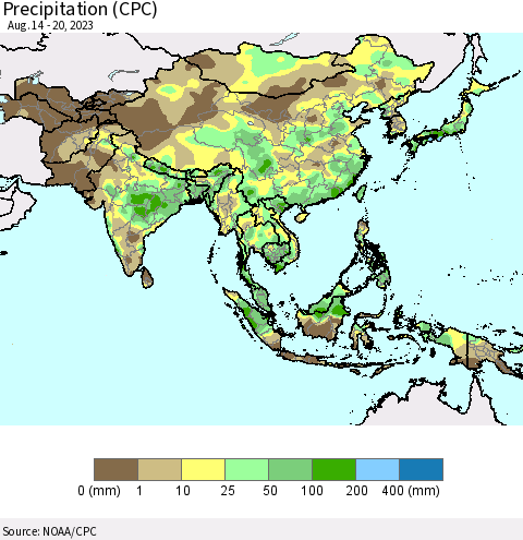 Asia Precipitation (CPC) Thematic Map For 8/14/2023 - 8/20/2023
