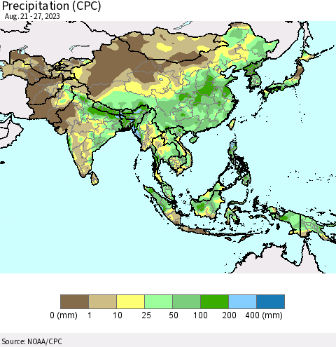 Asia Precipitation (CPC) Thematic Map For 8/21/2023 - 8/27/2023