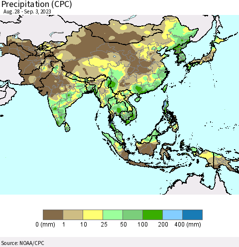 Asia Precipitation (CPC) Thematic Map For 8/28/2023 - 9/3/2023