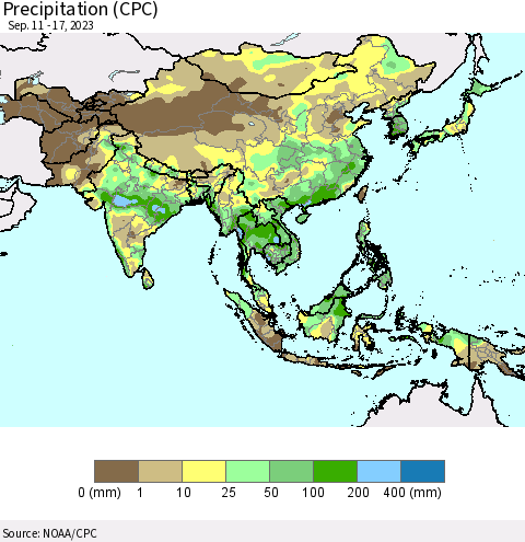 Asia Precipitation (CPC) Thematic Map For 9/11/2023 - 9/17/2023