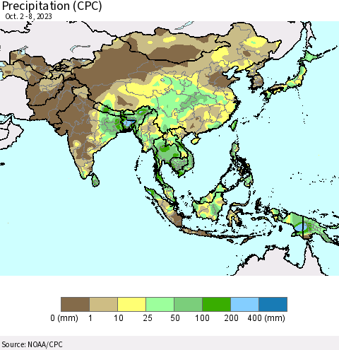 Asia Precipitation (CPC) Thematic Map For 10/2/2023 - 10/8/2023