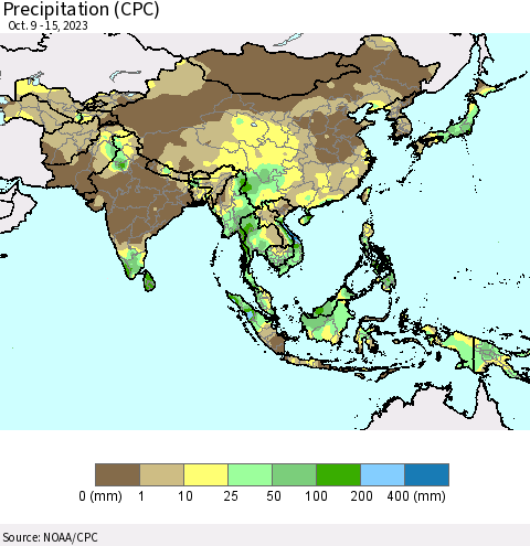 Asia Precipitation (CPC) Thematic Map For 10/9/2023 - 10/15/2023