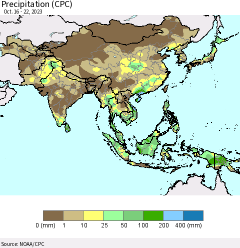 Asia Precipitation (CPC) Thematic Map For 10/16/2023 - 10/22/2023