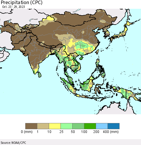 Asia Precipitation (CPC) Thematic Map For 10/23/2023 - 10/29/2023