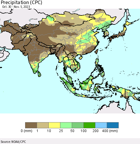 Asia Precipitation (CPC) Thematic Map For 10/30/2023 - 11/5/2023