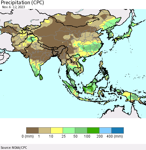 Asia Precipitation (CPC) Thematic Map For 11/6/2023 - 11/12/2023