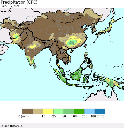 Asia Precipitation (CPC) Thematic Map For 1/1/2024 - 1/7/2024