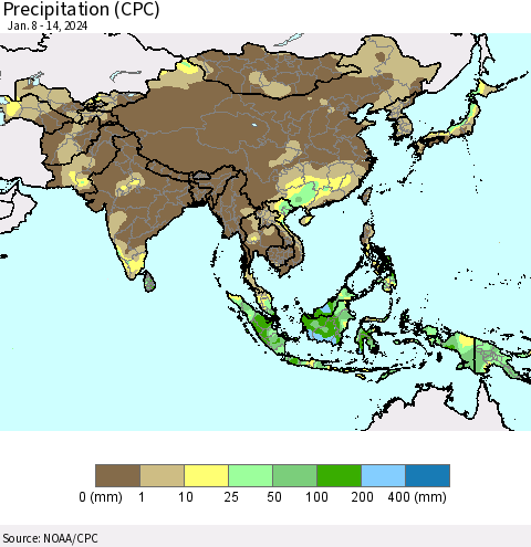 Asia Precipitation (CPC) Thematic Map For 1/8/2024 - 1/14/2024