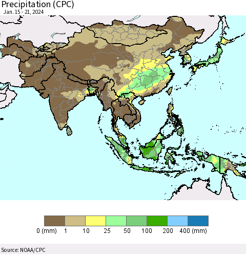 Asia Precipitation (CPC) Thematic Map For 1/15/2024 - 1/21/2024