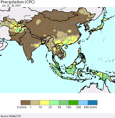 Asia Precipitation (CPC) Thematic Map For 1/22/2024 - 1/28/2024