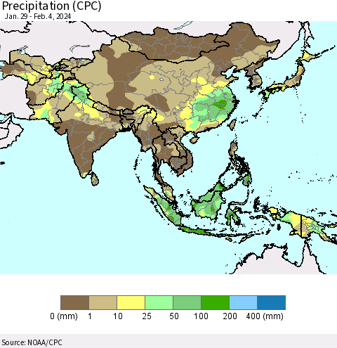 Asia Precipitation (CPC) Thematic Map For 1/29/2024 - 2/4/2024