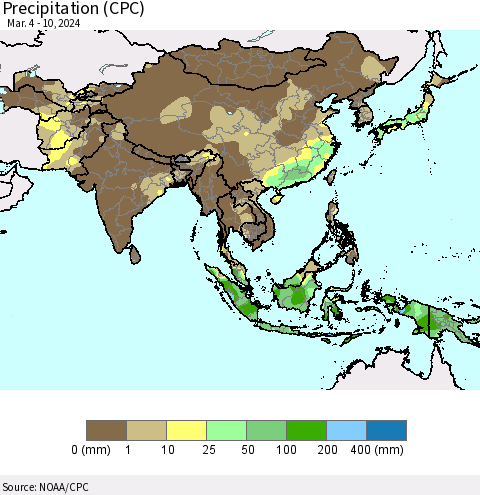 Asia Precipitation (CPC) Thematic Map For 3/4/2024 - 3/10/2024