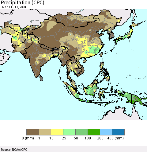 Asia Precipitation (CPC) Thematic Map For 3/11/2024 - 3/17/2024