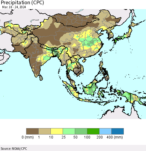 Asia Precipitation (CPC) Thematic Map For 3/18/2024 - 3/24/2024