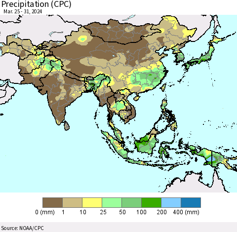 Asia Precipitation (CPC) Thematic Map For 3/25/2024 - 3/31/2024