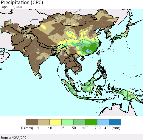 Asia Precipitation (CPC) Thematic Map For 4/1/2024 - 4/7/2024