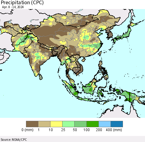 Asia Precipitation (CPC) Thematic Map For 4/8/2024 - 4/14/2024