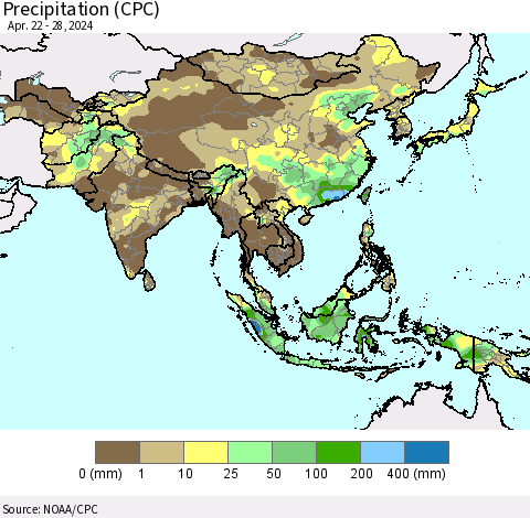 Asia Precipitation (CPC) Thematic Map For 4/22/2024 - 4/28/2024