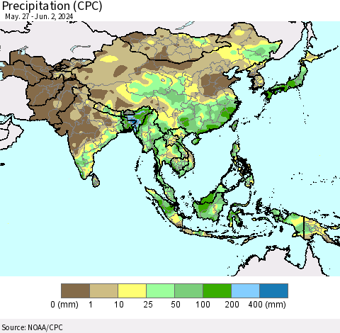 Asia Precipitation (CPC) Thematic Map For 5/27/2024 - 6/2/2024