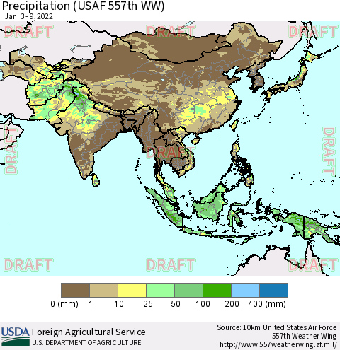 Asia Precipitation (USAF 557th WW) Thematic Map For 1/3/2022 - 1/9/2022