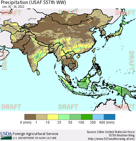 Asia Precipitation (USAF 557th WW) Thematic Map For 1/10/2022 - 1/16/2022