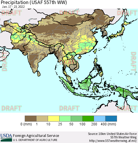 Asia Precipitation (USAF 557th WW) Thematic Map For 1/17/2022 - 1/23/2022