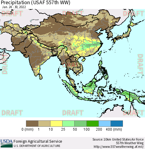 Asia Precipitation (USAF 557th WW) Thematic Map For 1/24/2022 - 1/30/2022