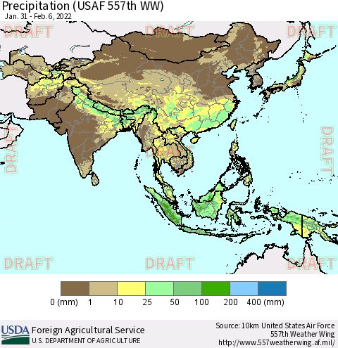 Asia Precipitation (USAF 557th WW) Thematic Map For 1/31/2022 - 2/6/2022