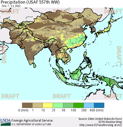 Asia Precipitation (USAF 557th WW) Thematic Map For 2/7/2022 - 2/13/2022