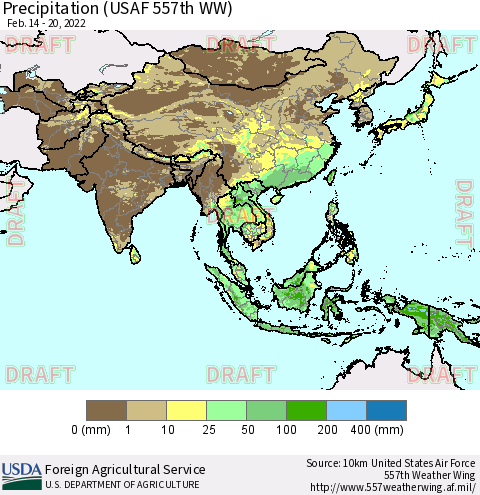Asia Precipitation (USAF 557th WW) Thematic Map For 2/14/2022 - 2/20/2022