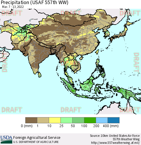 Asia Precipitation (USAF 557th WW) Thematic Map For 3/7/2022 - 3/13/2022