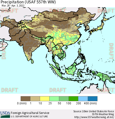 Asia Precipitation (USAF 557th WW) Thematic Map For 3/28/2022 - 4/3/2022