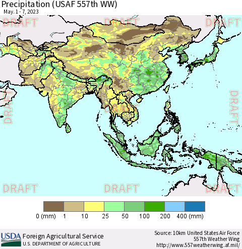 Asia Precipitation (USAF 557th WW) Thematic Map For 5/1/2023 - 5/7/2023