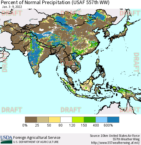 Asia Percent of Normal Precipitation (USAF 557th WW) Thematic Map For 1/3/2022 - 1/9/2022