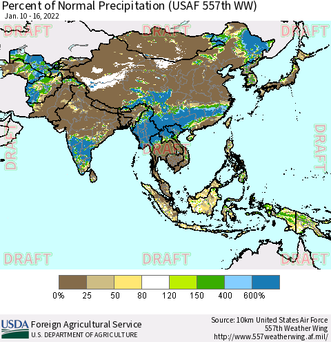 Asia Percent of Normal Precipitation (USAF 557th WW) Thematic Map For 1/10/2022 - 1/16/2022