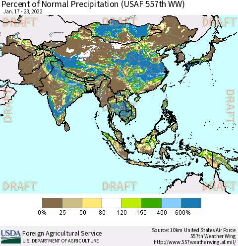 Asia Percent of Normal Precipitation (USAF 557th WW) Thematic Map For 1/17/2022 - 1/23/2022