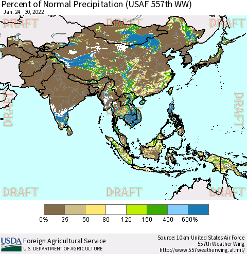 Asia Percent of Normal Precipitation (USAF 557th WW) Thematic Map For 1/24/2022 - 1/30/2022