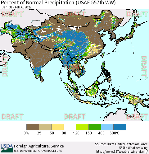 Asia Percent of Normal Precipitation (USAF 557th WW) Thematic Map For 1/31/2022 - 2/6/2022