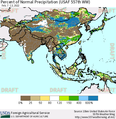 Asia Percent of Normal Precipitation (USAF 557th WW) Thematic Map For 2/7/2022 - 2/13/2022