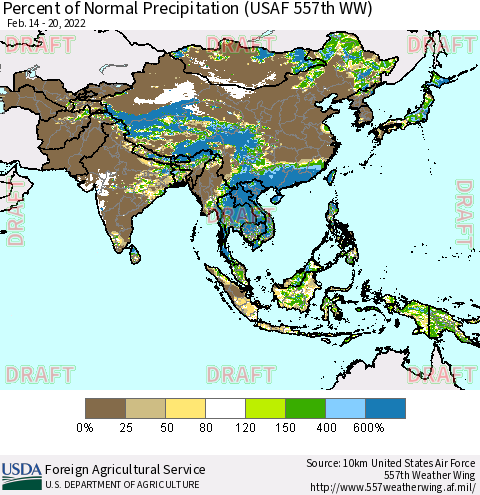 Asia Percent of Normal Precipitation (USAF 557th WW) Thematic Map For 2/14/2022 - 2/20/2022