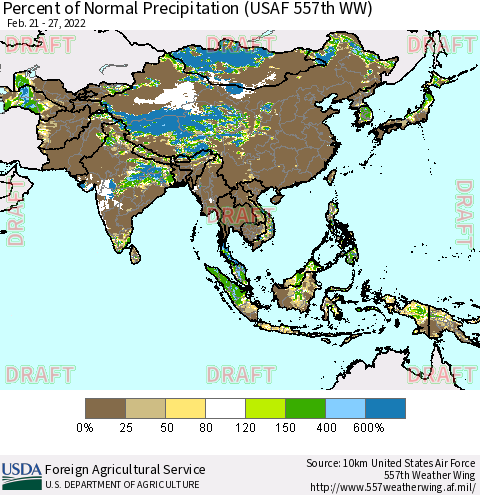 Asia Percent of Normal Precipitation (USAF 557th WW) Thematic Map For 2/21/2022 - 2/27/2022