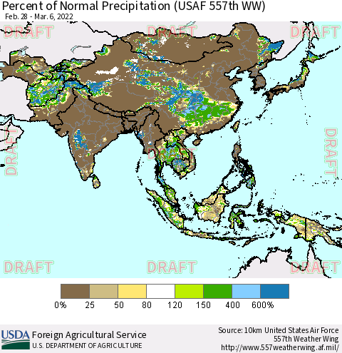 Asia Percent of Normal Precipitation (USAF 557th WW) Thematic Map For 2/28/2022 - 3/6/2022