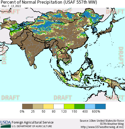 Asia Percent of Normal Precipitation (USAF 557th WW) Thematic Map For 3/7/2022 - 3/13/2022