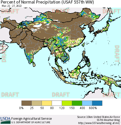Asia Percent of Normal Precipitation (USAF 557th WW) Thematic Map For 3/21/2022 - 3/27/2022