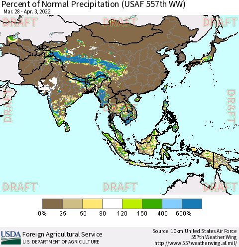 Asia Percent of Normal Precipitation (USAF 557th WW) Thematic Map For 3/28/2022 - 4/3/2022