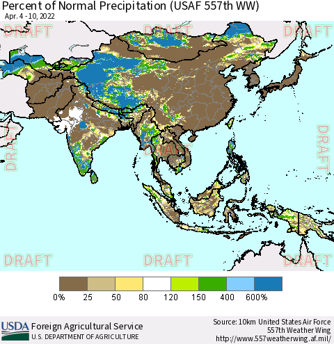 Asia Percent of Normal Precipitation (USAF 557th WW) Thematic Map For 4/4/2022 - 4/10/2022