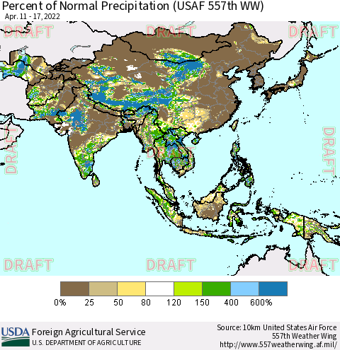 Asia Percent of Normal Precipitation (USAF 557th WW) Thematic Map For 4/11/2022 - 4/17/2022