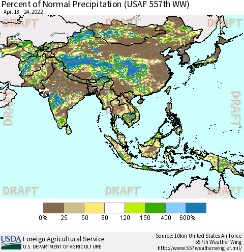 Asia Percent of Normal Precipitation (USAF 557th WW) Thematic Map For 4/18/2022 - 4/24/2022